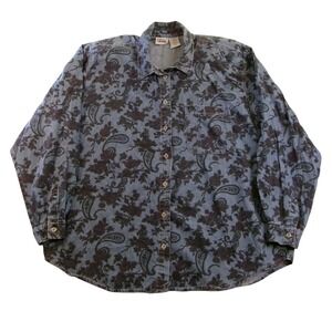 Capacity Men 2XL Button Down Shirt Blue Floral Paisley Denim Shoulder Pads